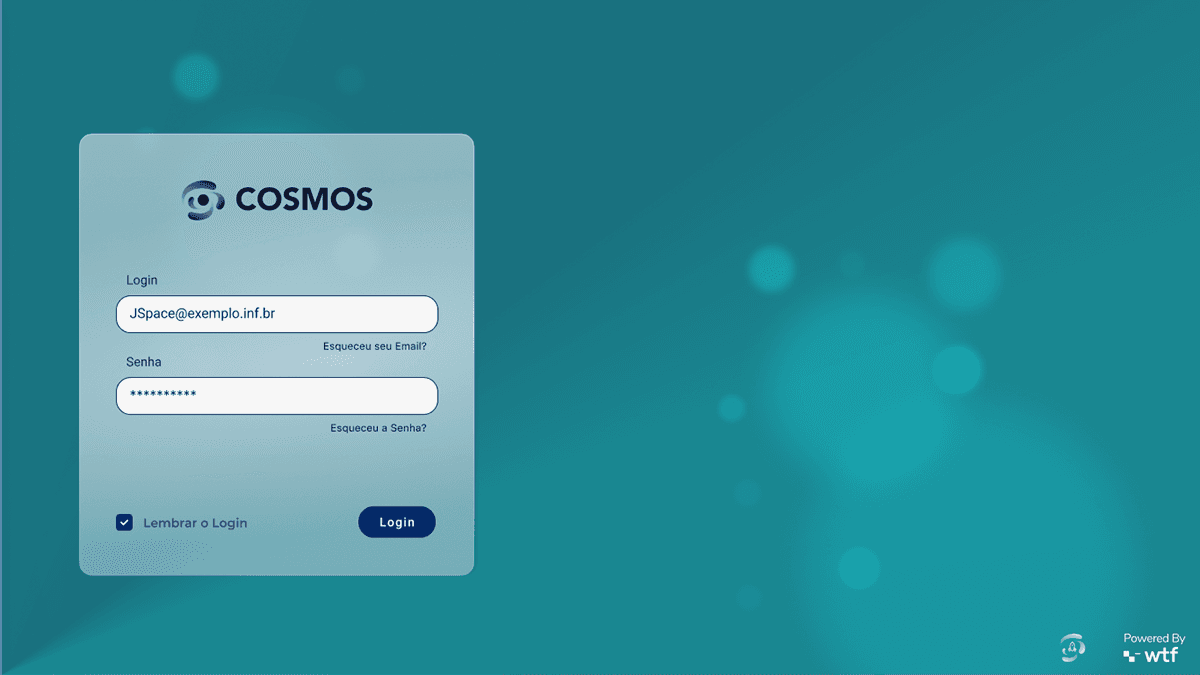 Login do Cosmos em vidro translúcido sobre fundo azul