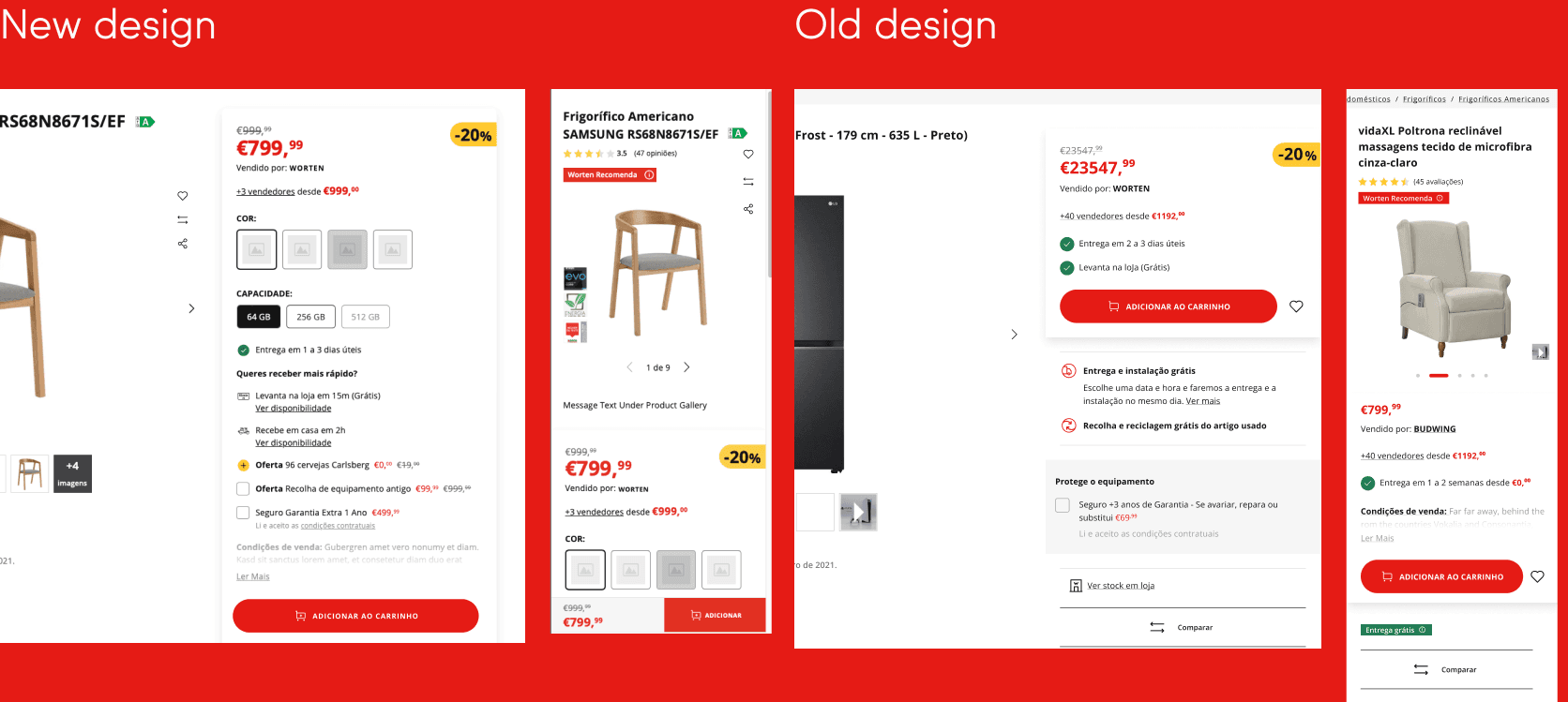 Comparação entre o novo design e o antigo: os botões de ação saem da buying box e entram na galeria